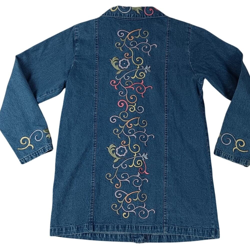 Denim & Co.‎ Vintage Denim Shirt Chore Womens Medium Blue Floral Embroidered Y2K